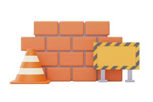Brick wall with Under construction sign and traffic cone,Construction tools,Happy labour day.3d rendering photo