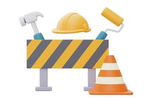 Under construction sign with Construction tools and equipment,Happy labour day.3d rendering photo