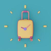 Yellow suitcase with clock,time to travel concept,vacation planning,holiday,Ready for travel.3d render. photo