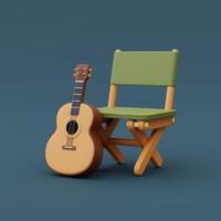 silla de camping plegable con guitarra aislada sobre fondo azul para campamento de verano, concepto de vacaciones. estilo minimalista. representación 3d. foto