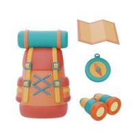 travel backpack with camping equipment,binoculars,map and compass,summer camp concept,3d rendering. photo
