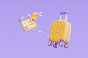 concepto de tiempo para viajar, reserva de boletos de avión en línea con maleta amarilla y calendario, turismo y plan de viaje para viajar, vacaciones, representación 3d foto