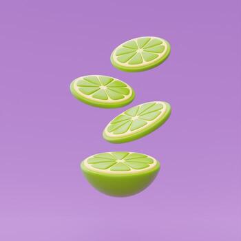 Slice of lemon floating isolate on purple background, summer fruits, 3d rendering. photo