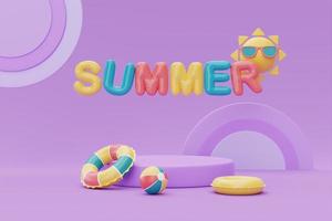 summer display with colorful summer beach elements on purple background, 3d rendering. photo