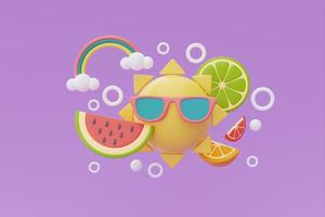 Summer time concept, sun with sunglasses and colorful summer beach elements on purple background, 3d rendering. photo