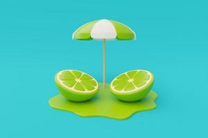 Slice of lemon with beach umbrella isolate on blue background, summer fruits, 3d rendering. photo