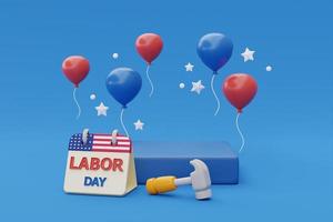 Happy labor day usa concept, podium display with construction tools and balloon on blue background, 3d rendering photo