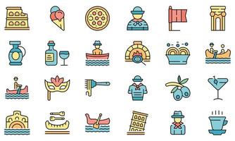 gondolero, iconos, conjunto, línea, color, vector