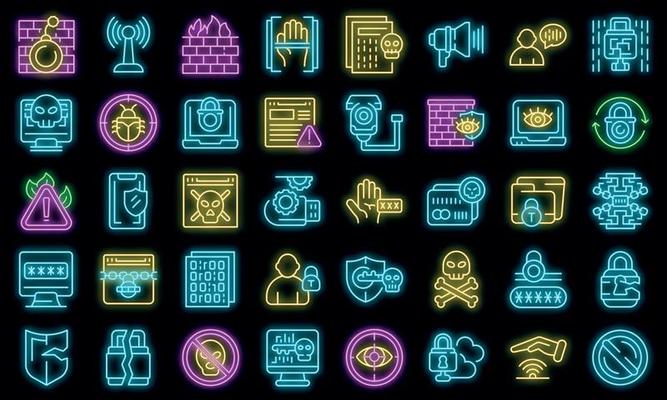 Stop theft icons set vector neon