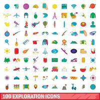 100 conjunto de iconos de exploración, estilo de dibujos animados vector