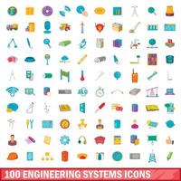 100 sistemas de ingeniería, conjunto de iconos de estilo de dibujos animados vector