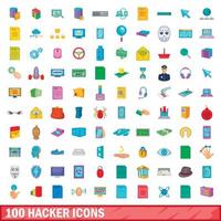 100 hacker icons set, cartoon style vector