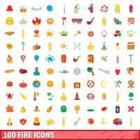 100 iconos de fuego, estilo de dibujos animados vector