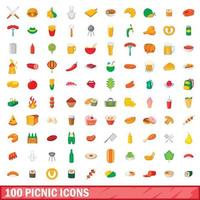 100 picnic icons set, cartoon style vector