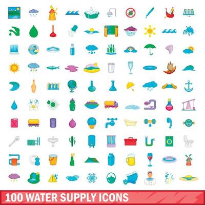 100 water supply icons set, cartoon style