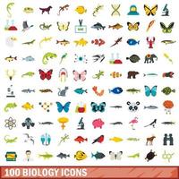 100 biology icons set, flat style vector