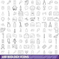 100 conjunto de iconos de biología, estilo de esquema vector