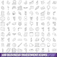 100 business investment icons set, outline style vector