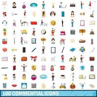 100 iconos comerciales, estilo de dibujos animados vector