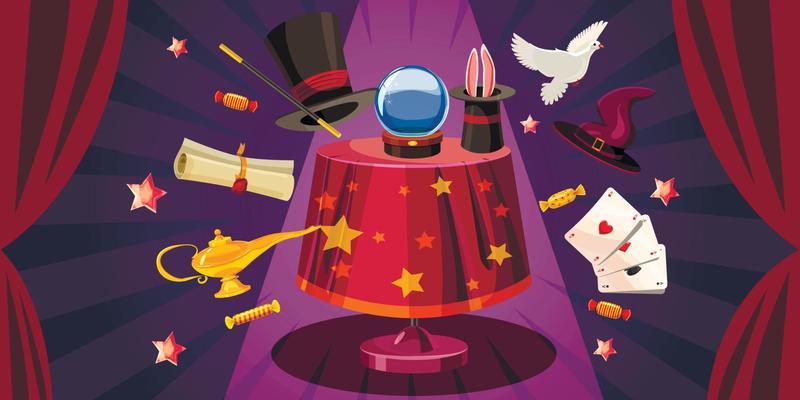 Magician table banner horizontal, cartoon style