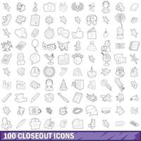 100 closeout icons set, outline style vector
