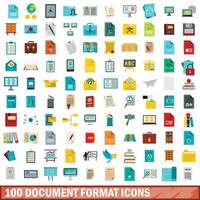 100 document format icons set, flat style vector