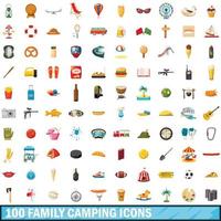 100 family camping icons set, cartoon style vector