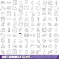 100 economy icons set, outline style vector