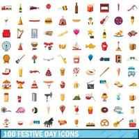 100 iconos de día festivo, estilo de dibujos animados vector