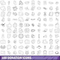 100 conjunto de iconos de donación, estilo de esquema vector