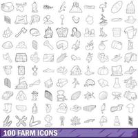 100 farm icons set, outline style vector