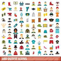 100 outfit icons set, flat style vector