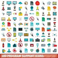 100 program support icons set, flat style vector