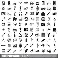 100 portable icons set, simple style vector