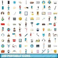 100 portable icons set, cartoon style vector