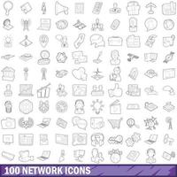 100 network icons set, outline style vector