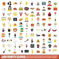 100 party icons set, flat style vector