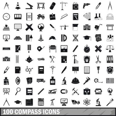 100 compass icons set, simple style