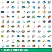 100 assembly icons set, isometric 3d style vector