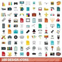 100 design icons set, flat style vector