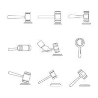 Judge hammer icons set, outline style