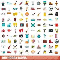 100 hobby icons set, flat style vector
