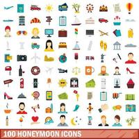 100 honeymoon icons set, flat style vector