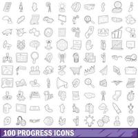 100 progress icons set, outline style vector