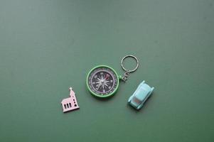 Hand compass for travel on the background of objects photo