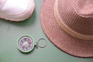 Hand compass for travel on the background of objects photo