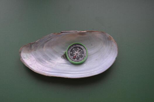 Hand compass for travel on the background of objects photo