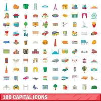 100 capital icons set, cartoon style vector