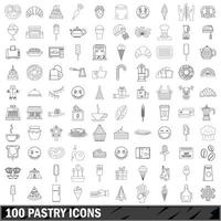 100 pastry icons set, outline style vector