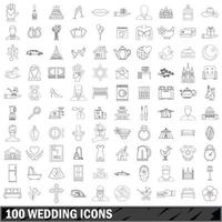 100 conjunto de iconos de boda, estilo de esquema vector